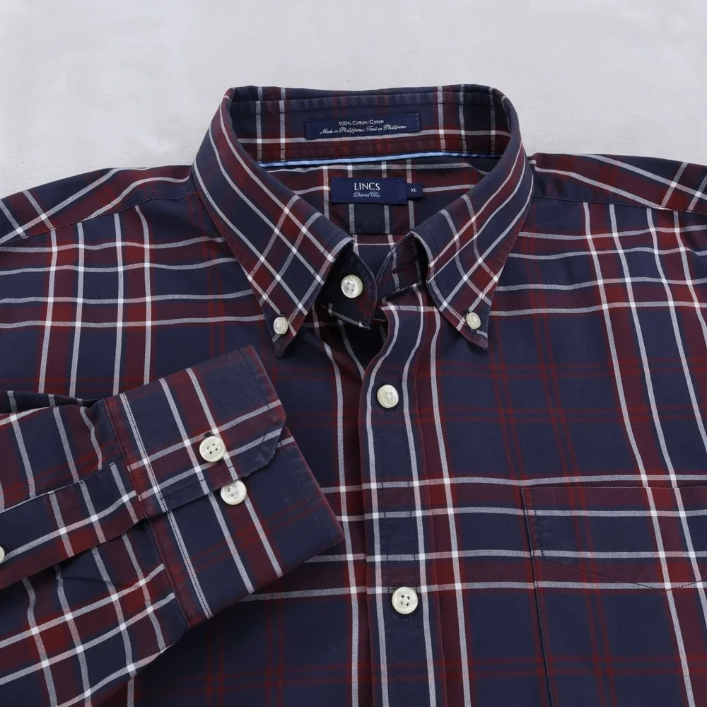 Lincs‎ David Chu Mens XL Navy Blue Burgundy Plaid Cotton Button Down Shirt LS